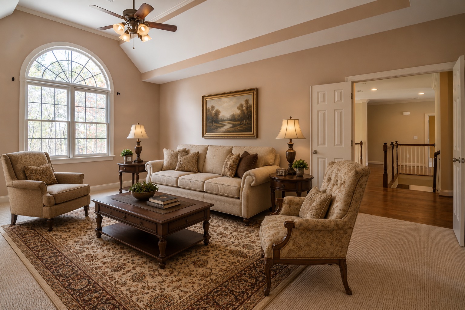 Living room restaged in a different furniture style